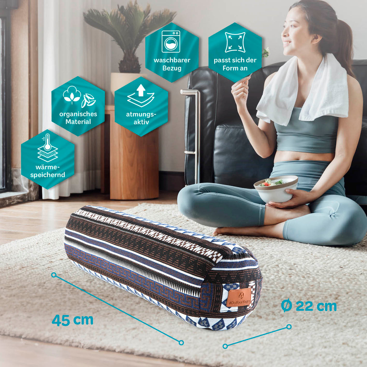Yoga-Bolster Tarik - gefüllt mit Bio-Dinkelspelz, 45 x 22 cm, waschbarer Bezug, atmungsaktiv, wärmespeichernd, organisches Material.