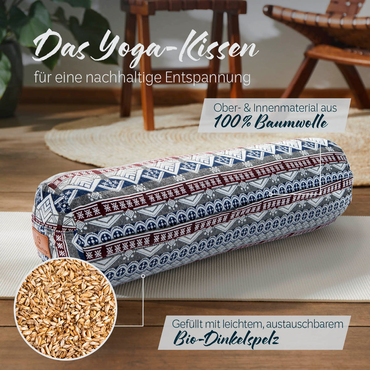 Yoga-Bolster Tarik - gefüllt mit Bio-Dinkelspelz, 68 x 22 x 22 cm, nachhaltiges Meditationskissen mit Baumwollbezug im indischen Design.