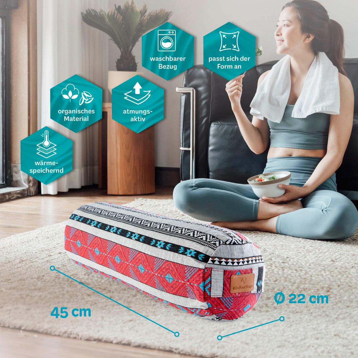 Yoga-Bolster Tarik – gefüllt mit Bio-Dinkelspelz, 68x22x22 cm, atmungsaktiv, waschbarer Bezug, organisches Material, passend für Yoga und Meditation.