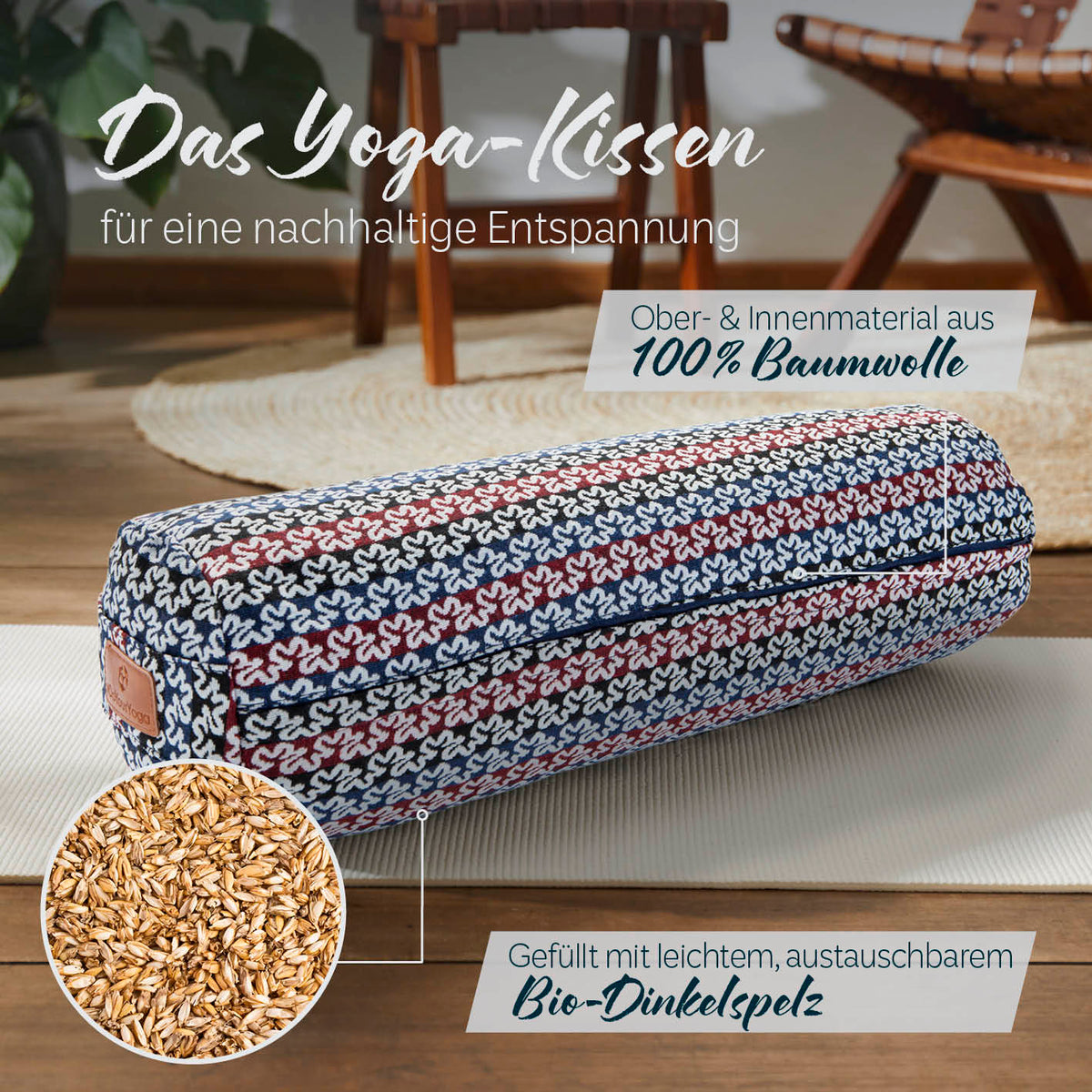 Yoga-Bolster Tarik - gefüllt mit Bio-Dinkelspelz, 68x22x22 cm, aus 100% Baumwolle, ideal für Meditation und Yoga.