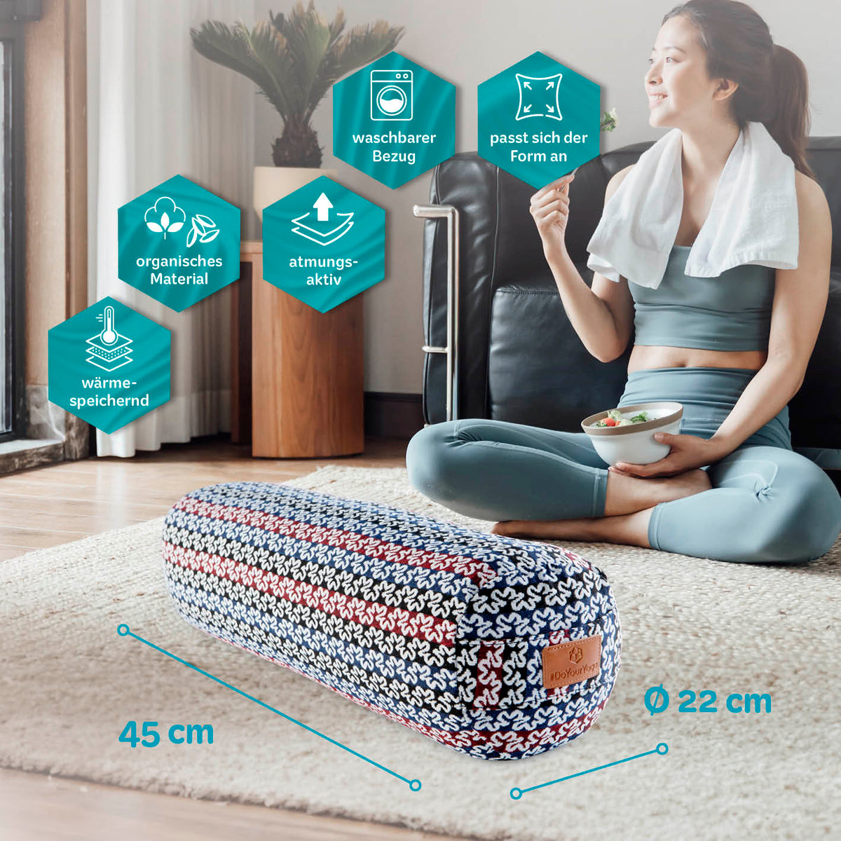 Yoga-Bolster Tarik - gefüllt mit Bio-Dinkelspelz, 68 x 22 x 22 cm, atmungsaktiv, waschbarer Bezug, organisches Material, wärmespeichernd.