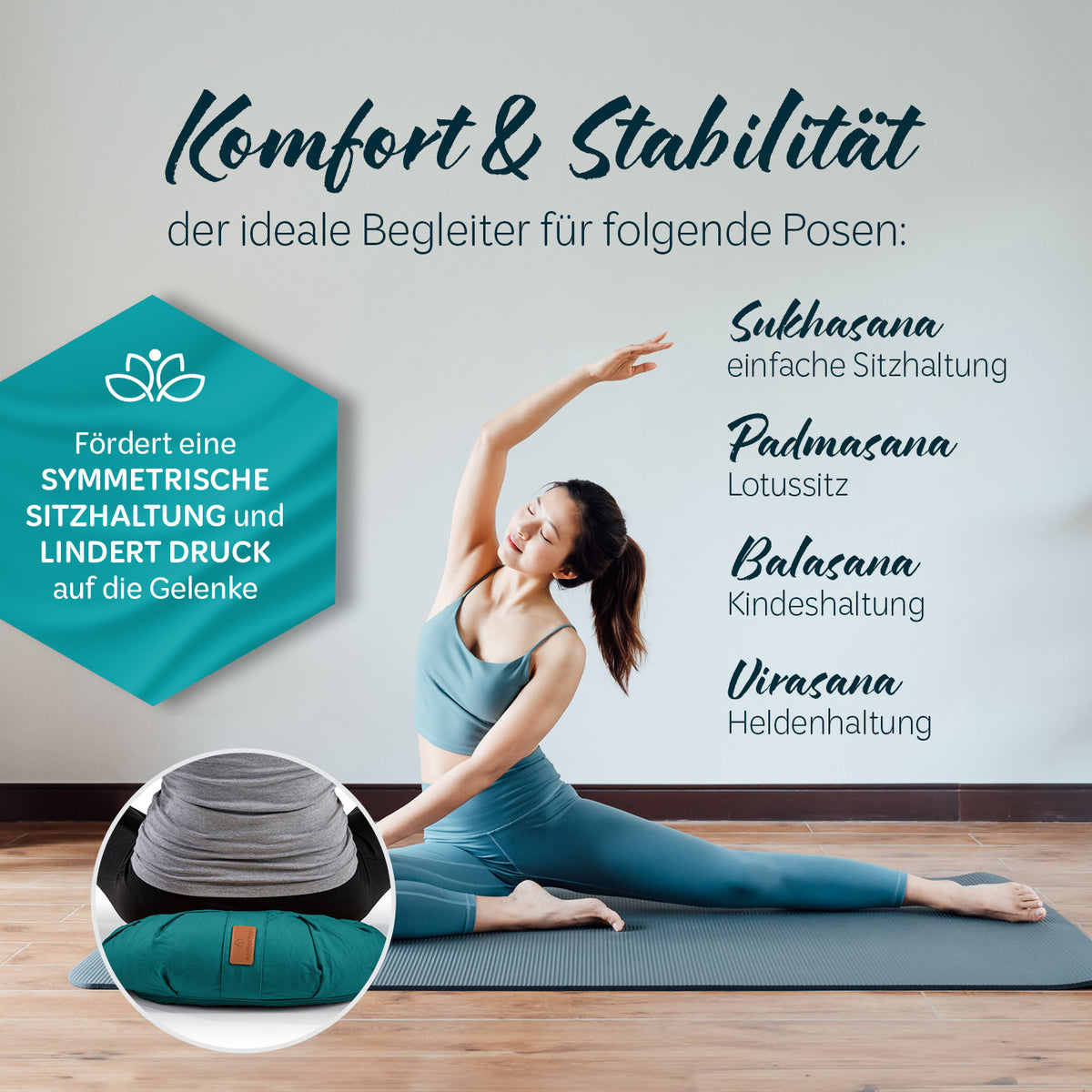 Yoga-Kissen Ganesh dunkelgrün halbmondförmig gefüllt mit Bio-Dinkelspelz unterstützt symmetrische Sitzhaltung und Komfort bei Yoga-Posen.