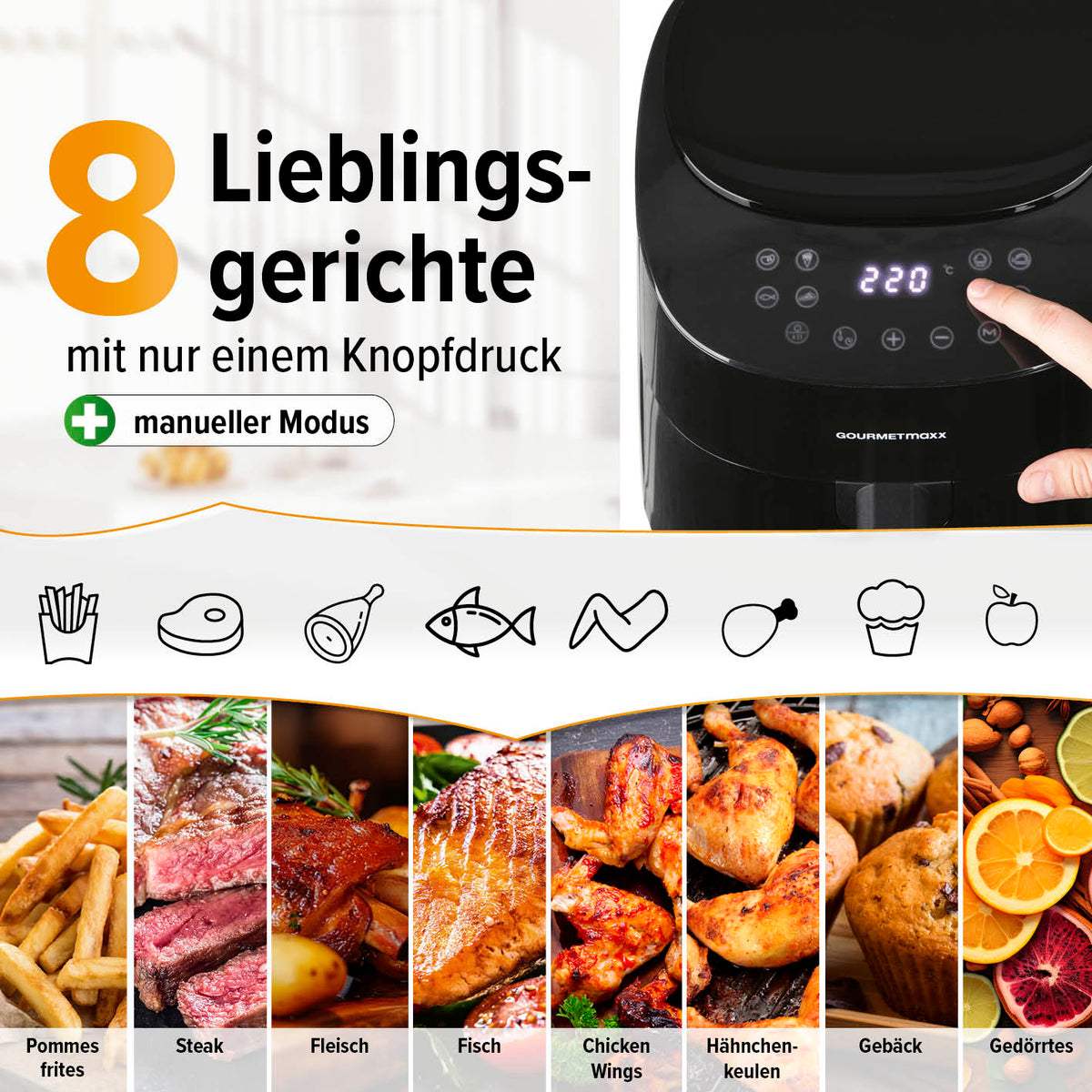 Heißluftfritteuse - 4,5 l von GOURMETmaxx mit 8 Programmen für Pommes, Fleisch, Fisch, Chicken Wings und mehr, Touchdisplay, 220 °C.
