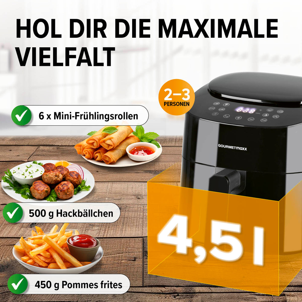 Heißluftfritteuse - 4,5 l von GOURMETmaxx mit diversen Gerichten für 2–3 Personen, energiesparend und fettarm.