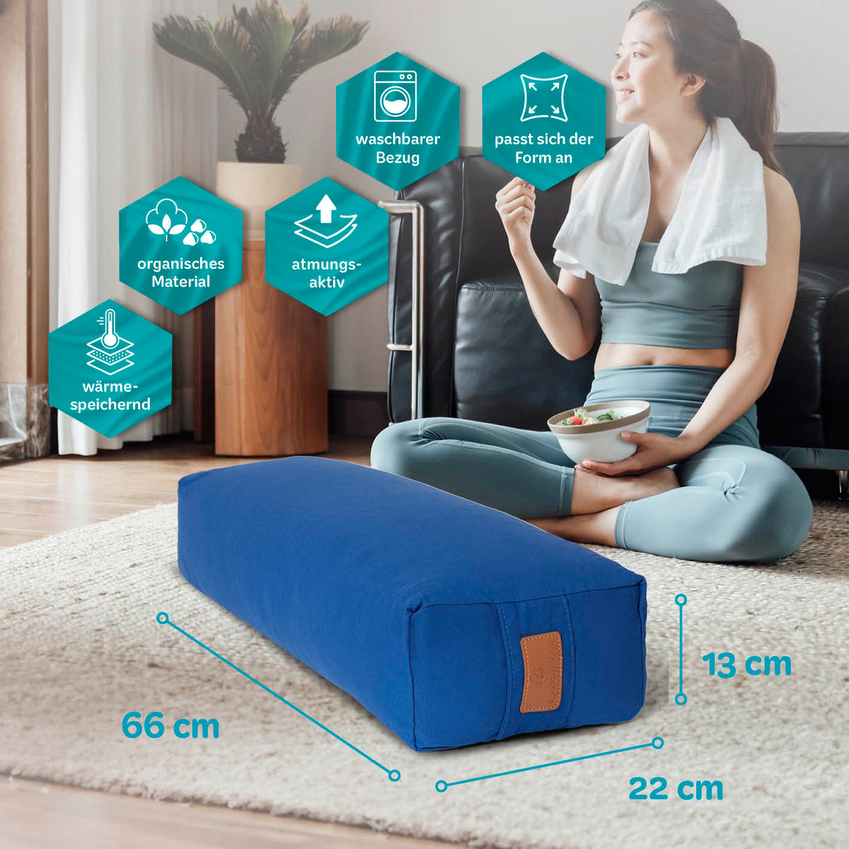 Yoga-Bolster Paravati navyblau 67x22x13 cm mit Bio-Buchweizenschalen, anpassbar, waschbar, atmungsaktiv, wärmespeichernd, organisch