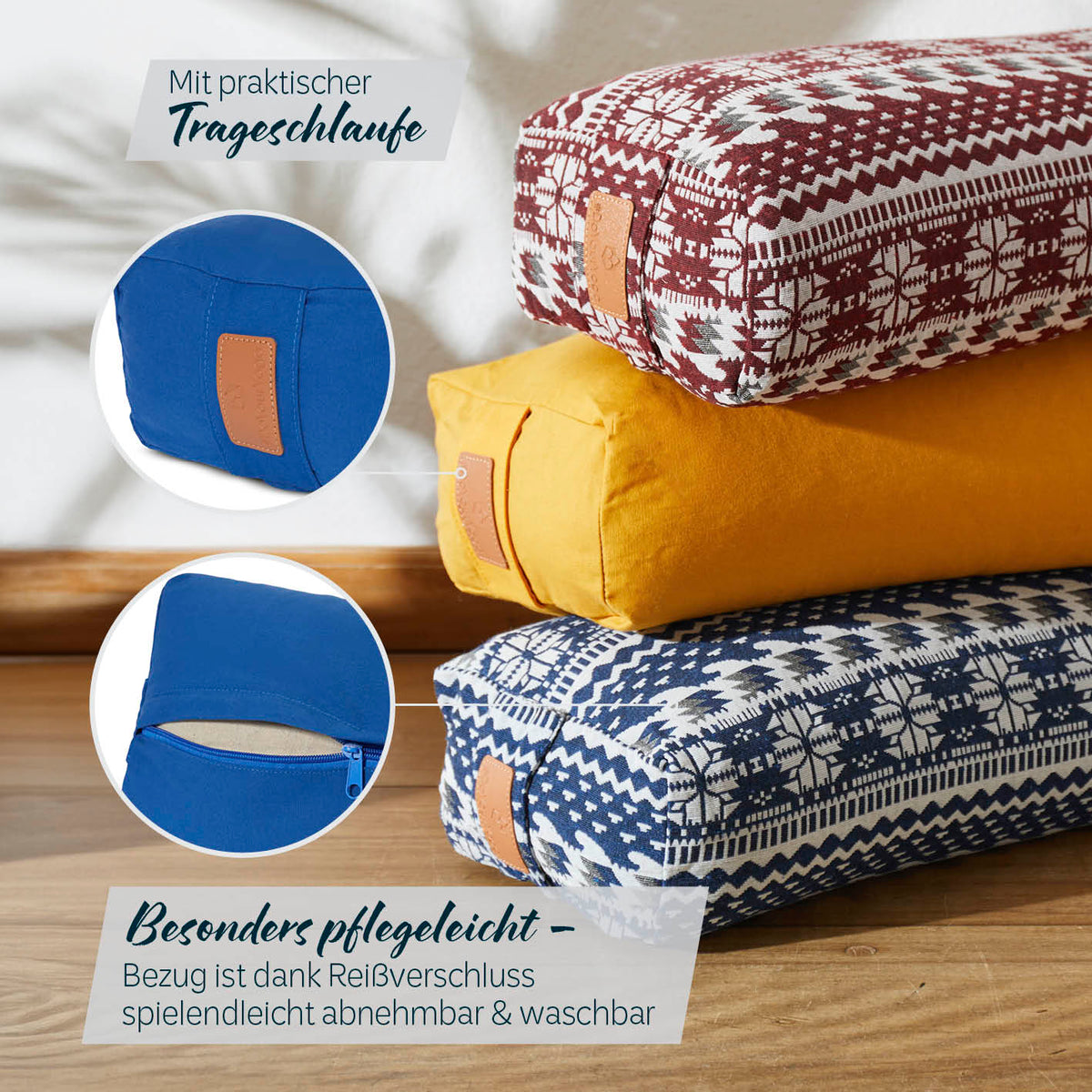 Yoga-Bolster Paravati Navyblau mit Bio-Buchweizenschalen, abnehmbarer Bezug mit Reißverschluss, pflegeleicht und praktisch im Design.