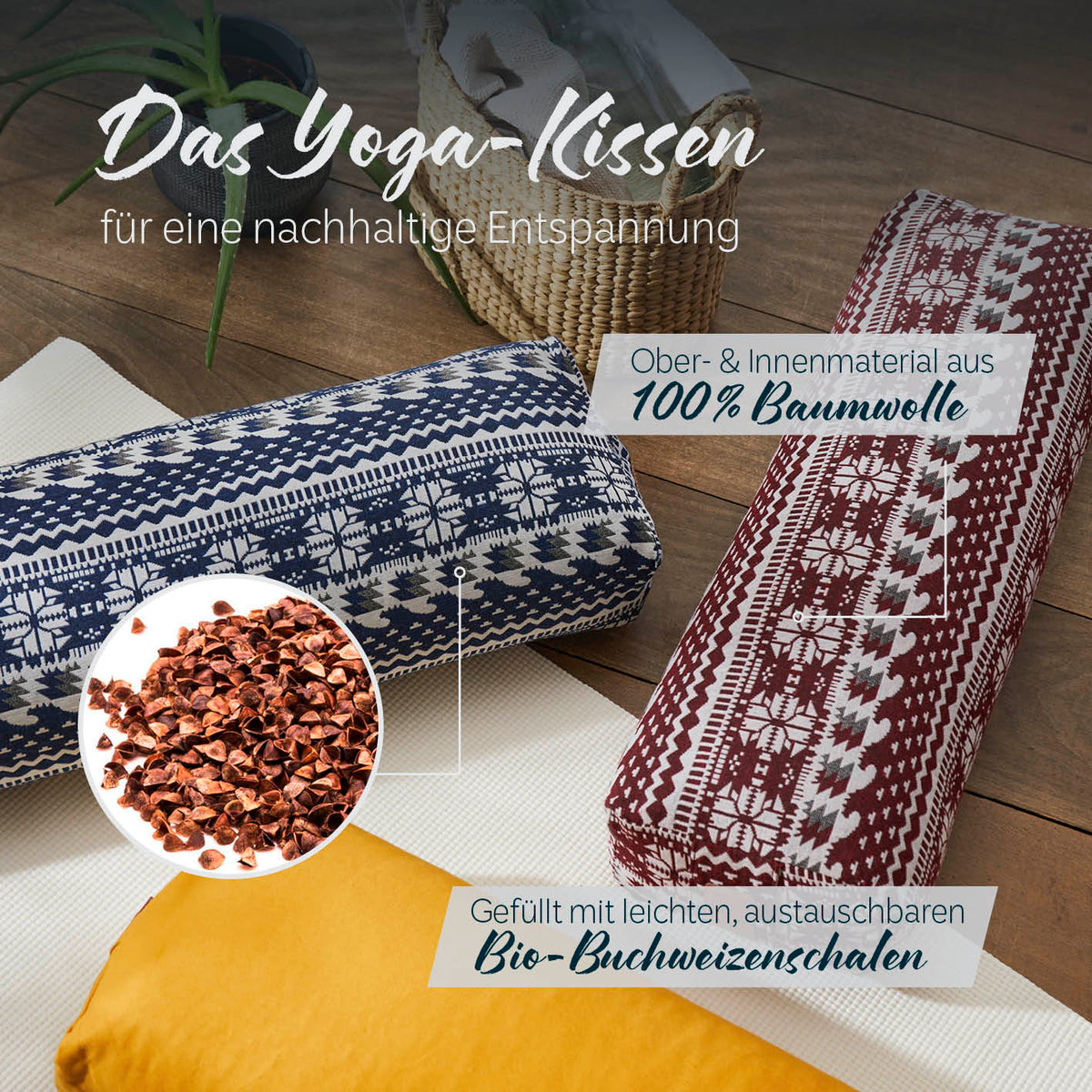 Yoga-Bolster Paravati Style 7 Schwarz-Weiß mit Bio-Buchweizenschalen gefüllt, 100% Baumwolle Bezug, flexibel befüllbar und nachhaltig.