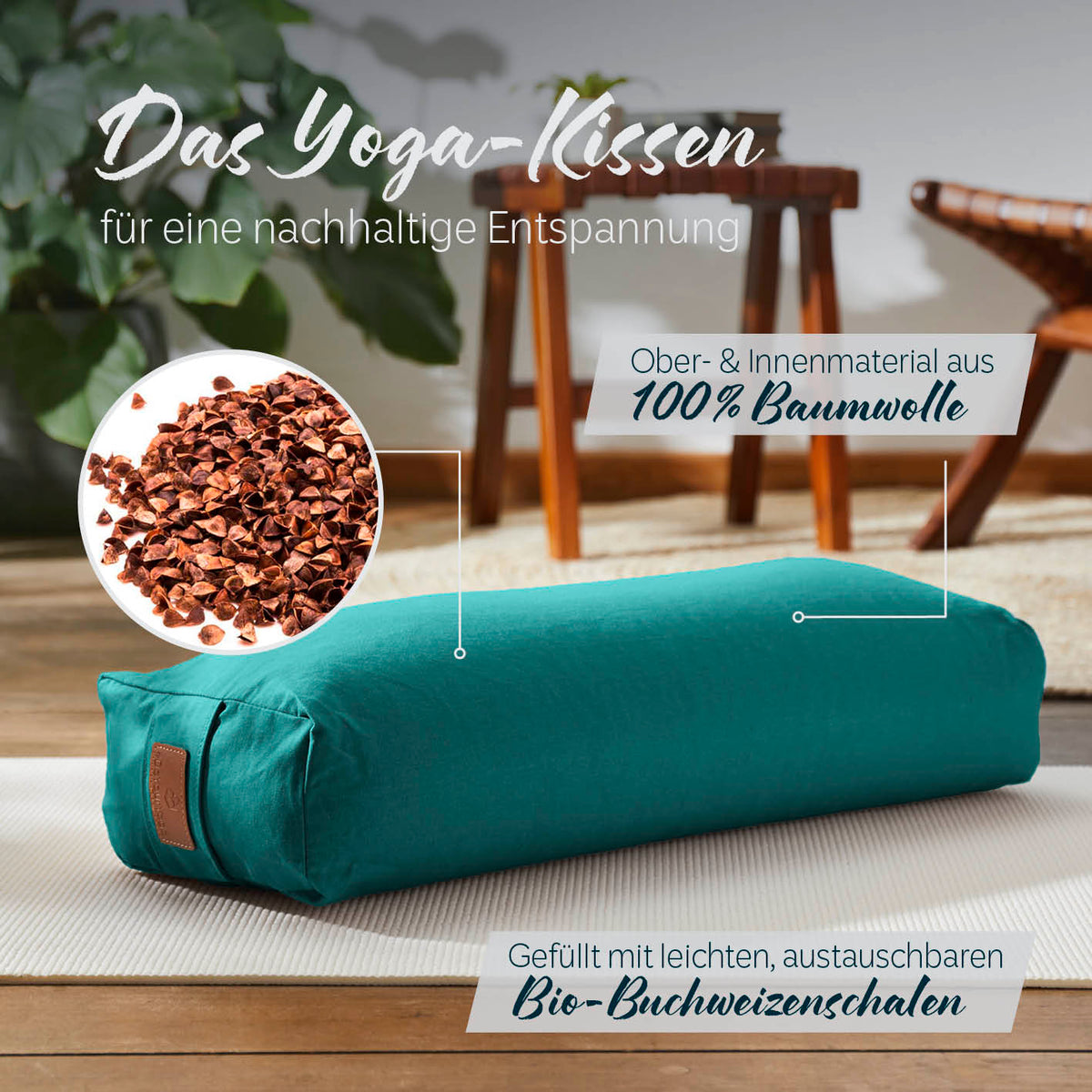 Yoga-Bolster Paravati gefüllt mit Bio-Buchweizenschalen, Bezug aus 100% Baumwolle, dunkelgrün, 67 x 22 x 13 cm.