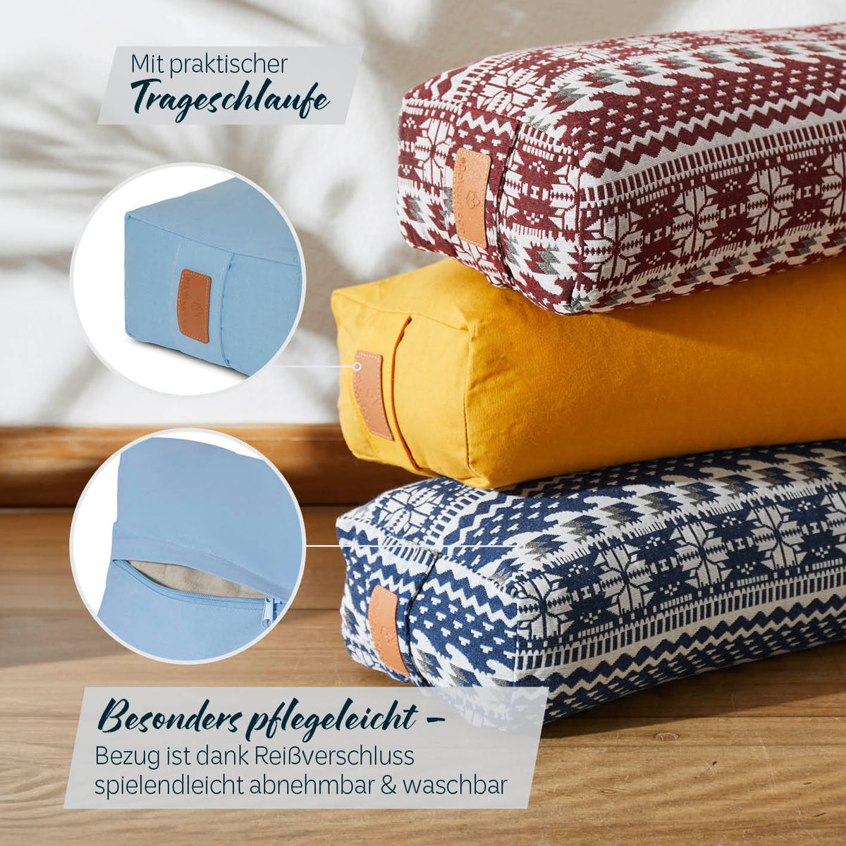 Yoga-Bolster Paravati gefüllt mit Bio-Buchweizenschalen, Hellblau, waschbarer Bezug mit praktischem Tragegriff, 67 x 22 x 13 cm.