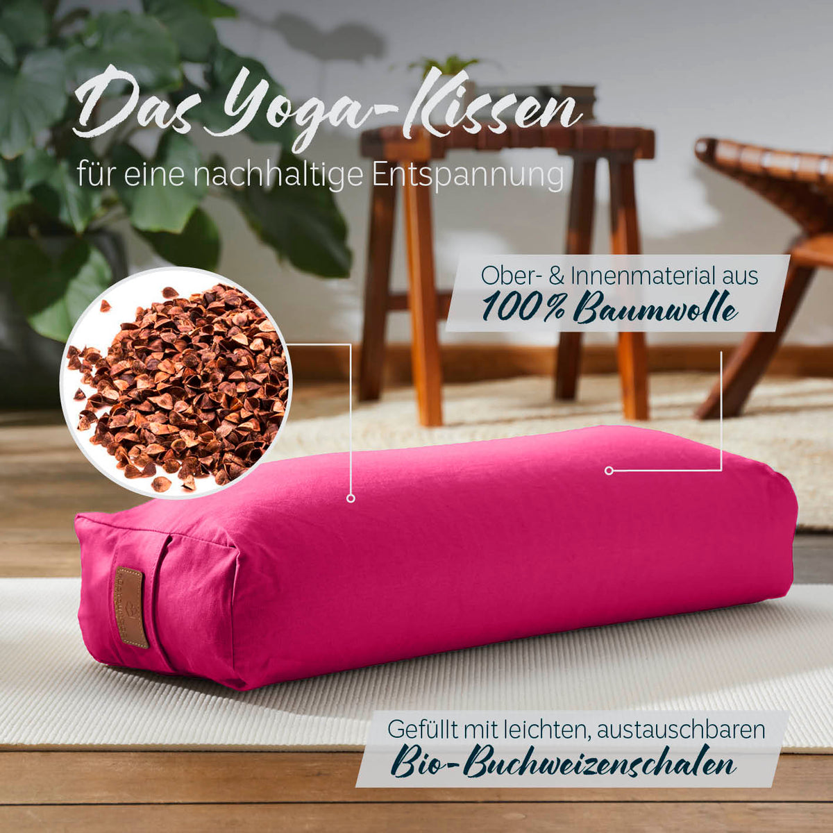 Yoga-Bolster Paravati gefüllt mit Bio-Buchweizenschalen, 67x22x13 cm, Bezug aus 100% Baumwolle, pink für nachhaltige Entspannung.