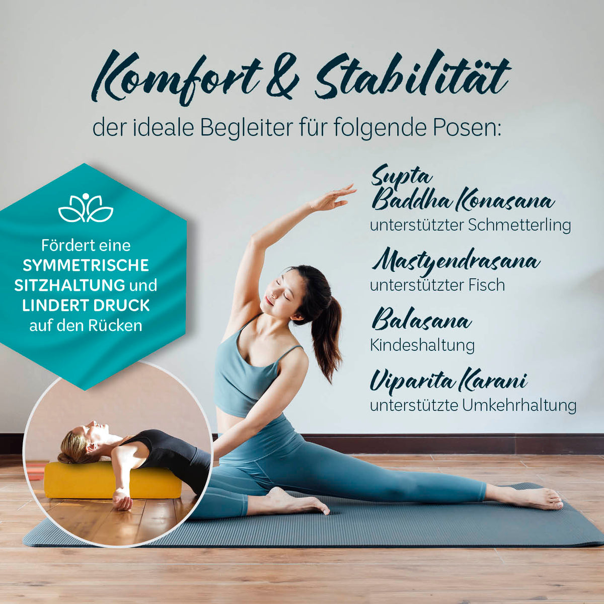 Yoga-Bolster Paravati gefüllt mit Bio-Buchweizenschalen, 67 x 22 x 13 cm, in Indischgelb für mehr Komfort und Stabilität bei Yogaübungen.