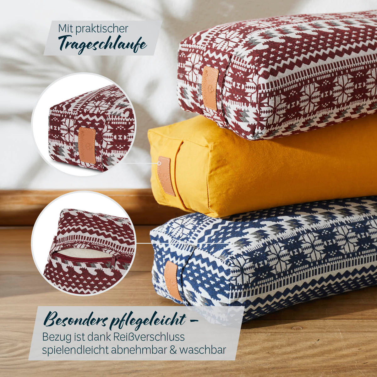 Yoga-Bolster Paravati mit Bio-Buchweizenschalen, pflegeleicht durch abnehmbaren Bezug, praktische Trageschlaufe, Style 9 Rot-Weiß.