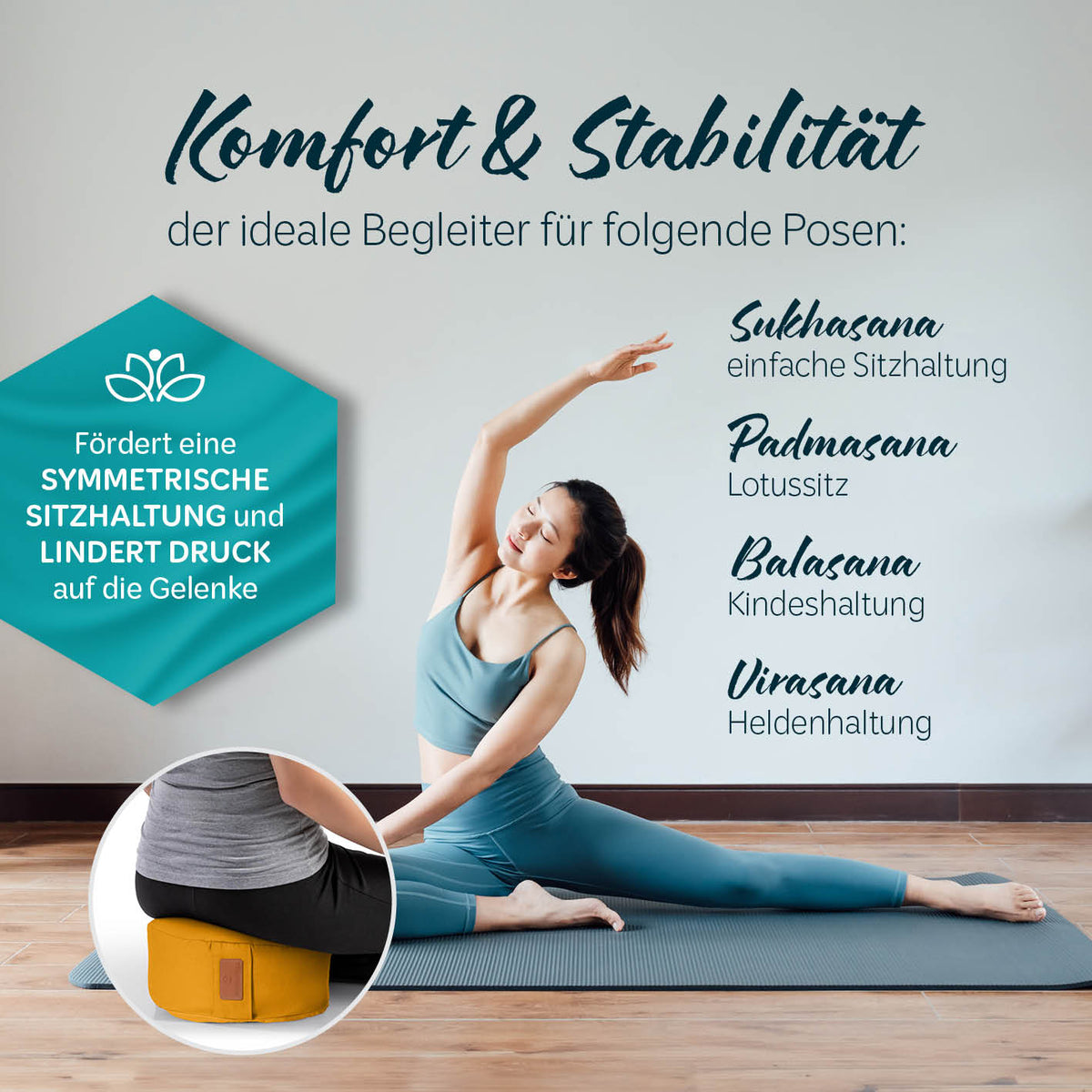Frau praktiziert Yoga auf Matte mit Yoga-Kissen Vishnu in Currygelb für Komfort und stabile Sitzhaltung bei verschiedenen Posen.
