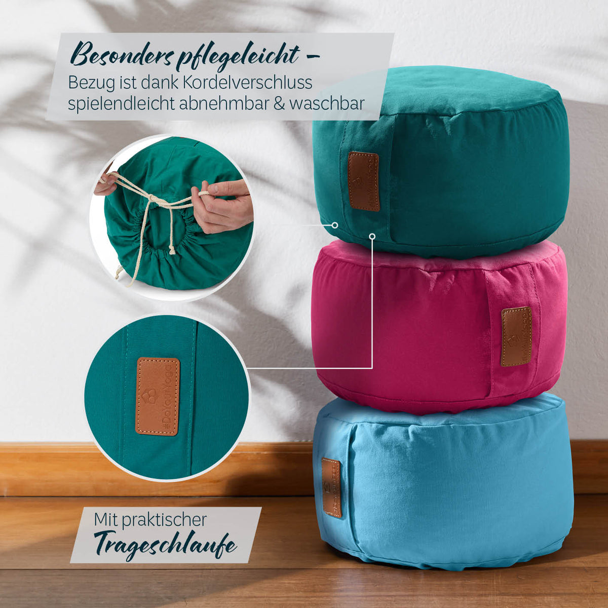 Yoga-Kissen Vishnu dunkelgrün rund 30x30x15 cm, gefüllt mit Bio-Buchweizenschalen, waschbarer Baumwollbezug mit Kordelverschluss und Trageschlaufe.