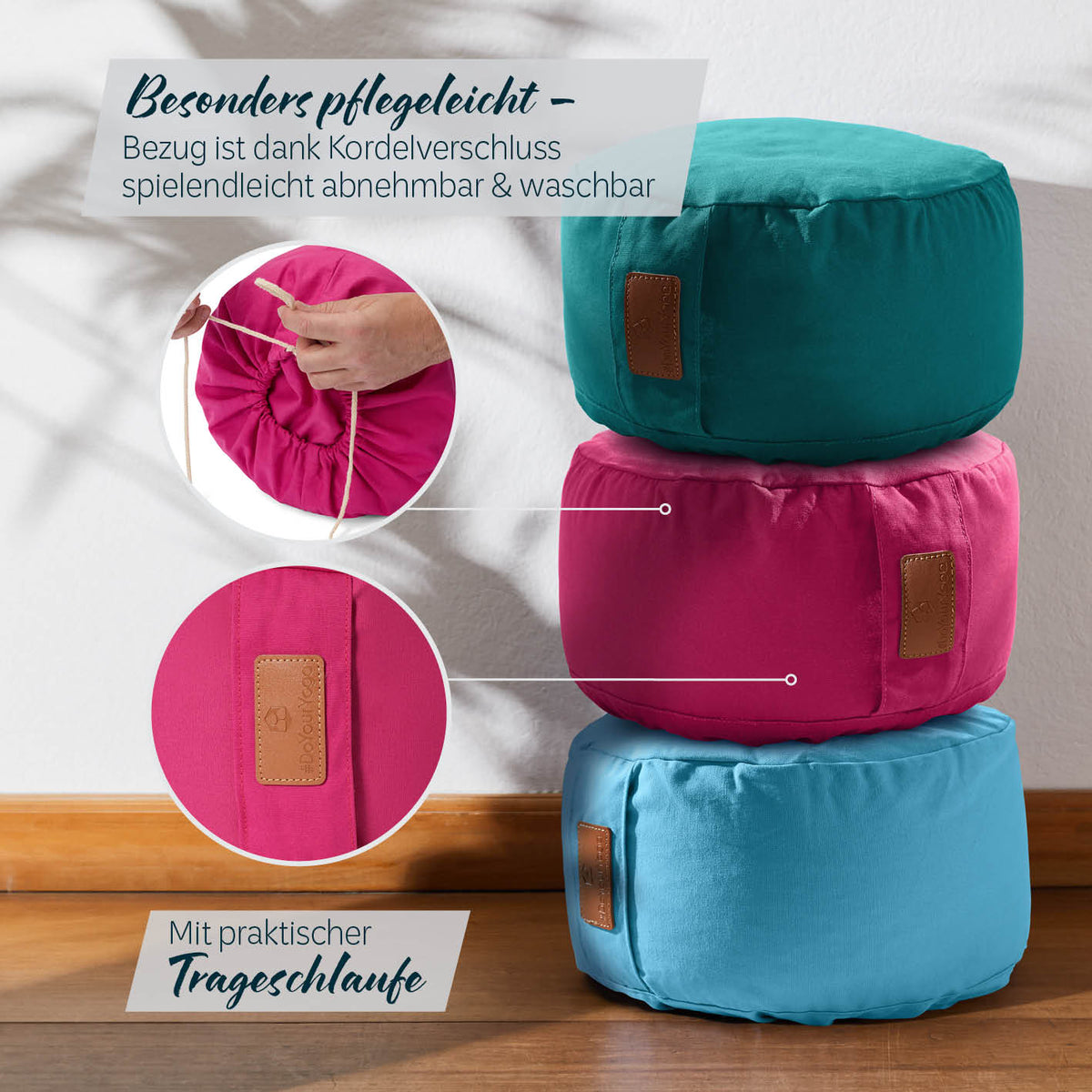 Yoga-Kissen Vishnu rund 30x30x15 cm pink, gefüllt mit Bio-Buchweizenschalen, abnehmbarer und waschbarer Bezug mit Kordelverschluss.
