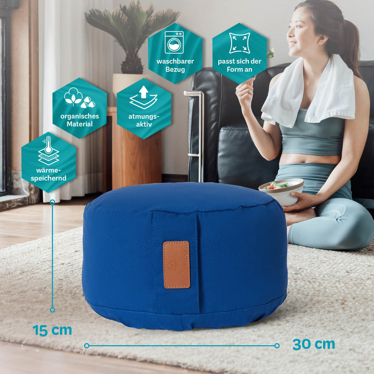Yoga-Kissen Vishnu rund 30x30x15 cm navyblau mit waschbarem Bezug, Bio-Buchweizenschalenfüllung, atmungsaktiv und wärmespeichernd.