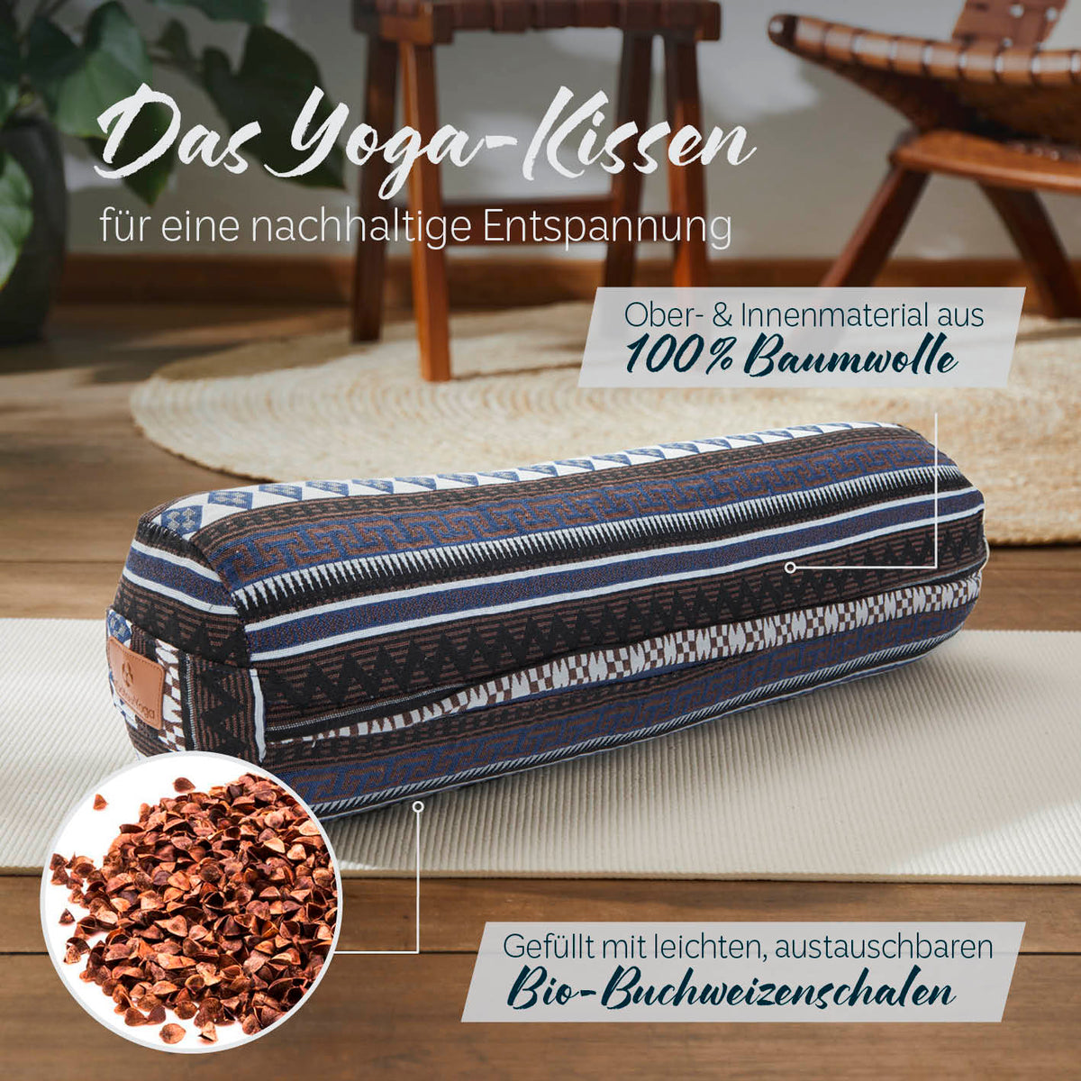 Yoga-Bolster Tarik - gefüllt mit Bio-Buchweizenschalen, 68x22x22 cm, nachhaltiges Meditationskissen aus 100% Baumwolle.
