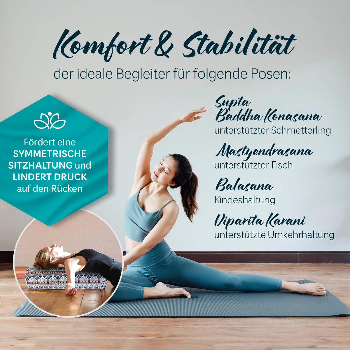 Yoga-Bolster Tarik mit Bio-Buchweizenschalen, 68 x 22 x 22 cm, bietet Komfort und Stabilität für verschiedene Yoga-Posen.