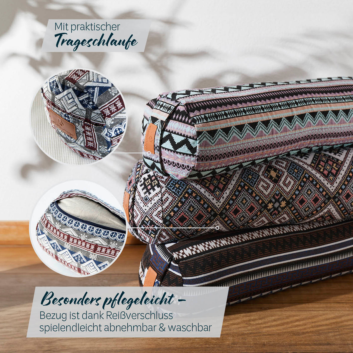 Yoga-Bolster Tarik mit Bio-Buchweizenschalen, 68x22x22 cm, indisches Design, abnehmbarer Bezug mit Reißverschluss, pflegeleicht.