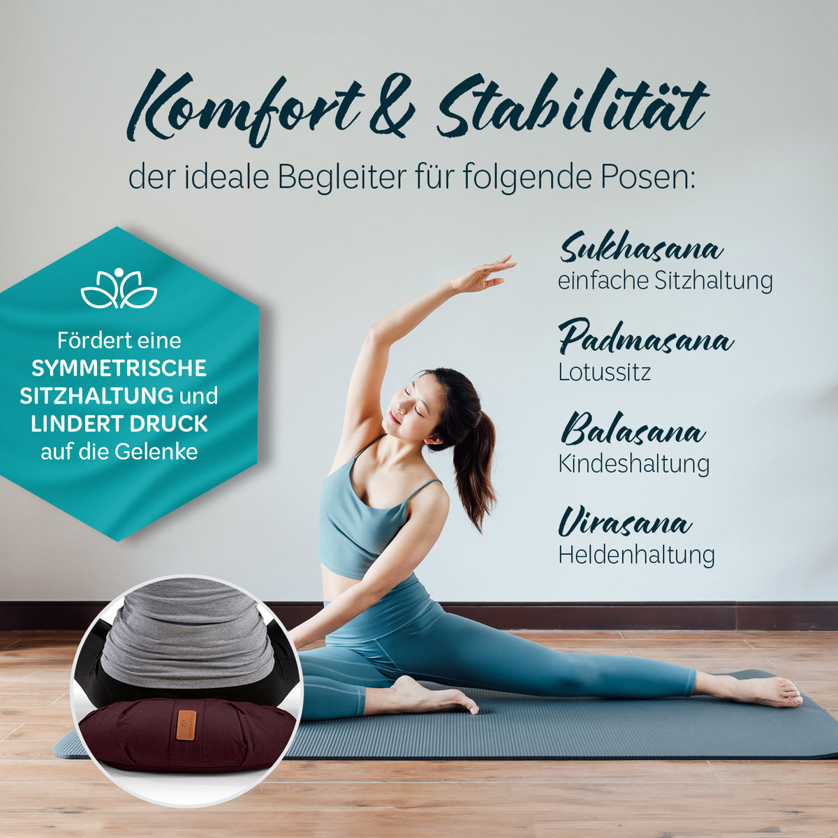 Yoga-Kissen Ganesh halbmondförmig, gefüllt mit Bio-Buchweizenschalen, unterstützt symmetrische Sitzhaltung und lindert Gelenkdruck.