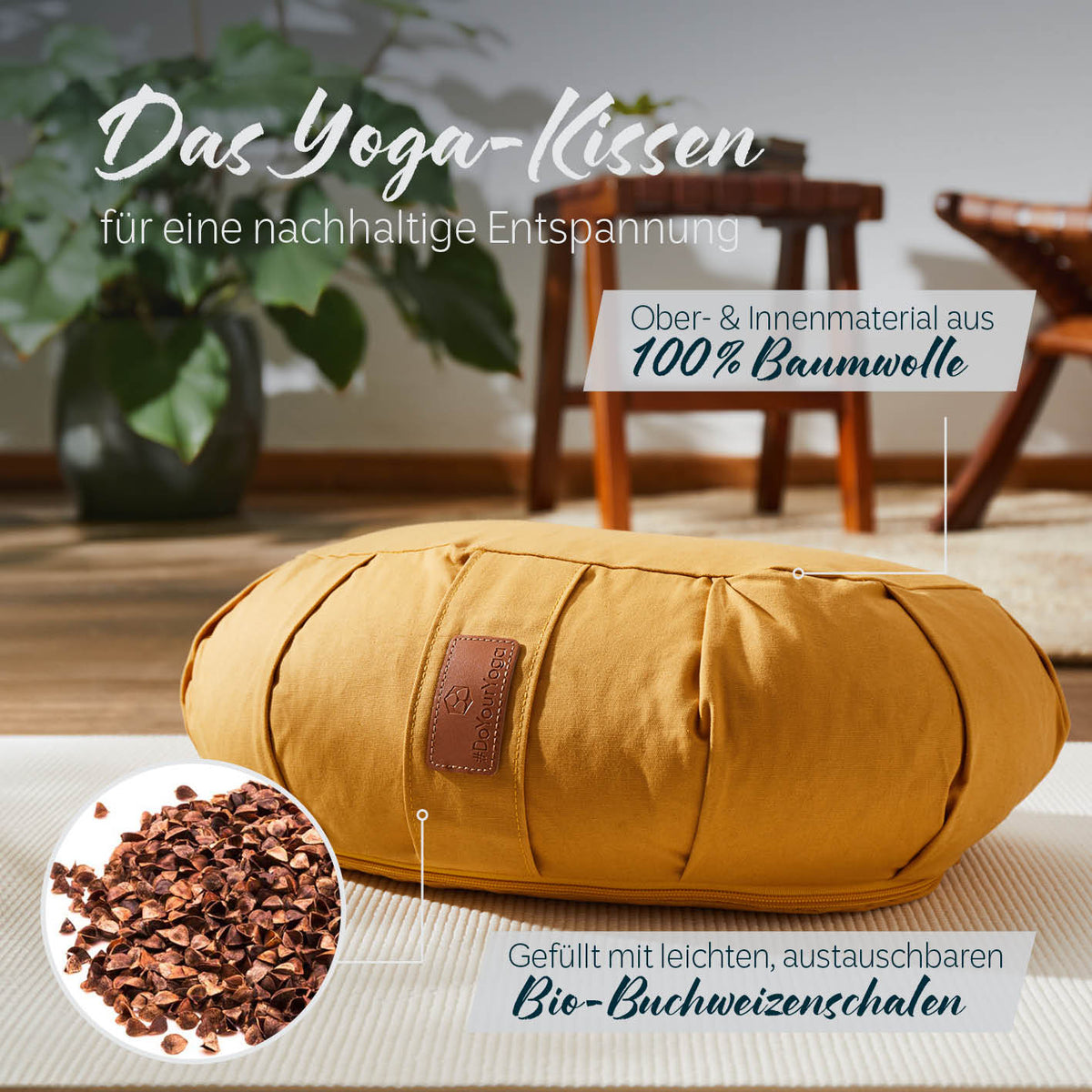 Yoga-Kissen Ganesh in Indischgelb gefüllt mit Bio-Buchweizenschalen für nachhaltige Entspannung und optimale Meditationshaltung.