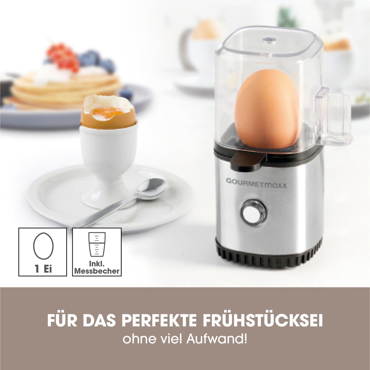 Design-Eierkocher 1 Ei - Edelstahl kompakt mit Messbecher für perfekte Eier ohne Herd, ideal für kleine Haushalte und Unterwegs.