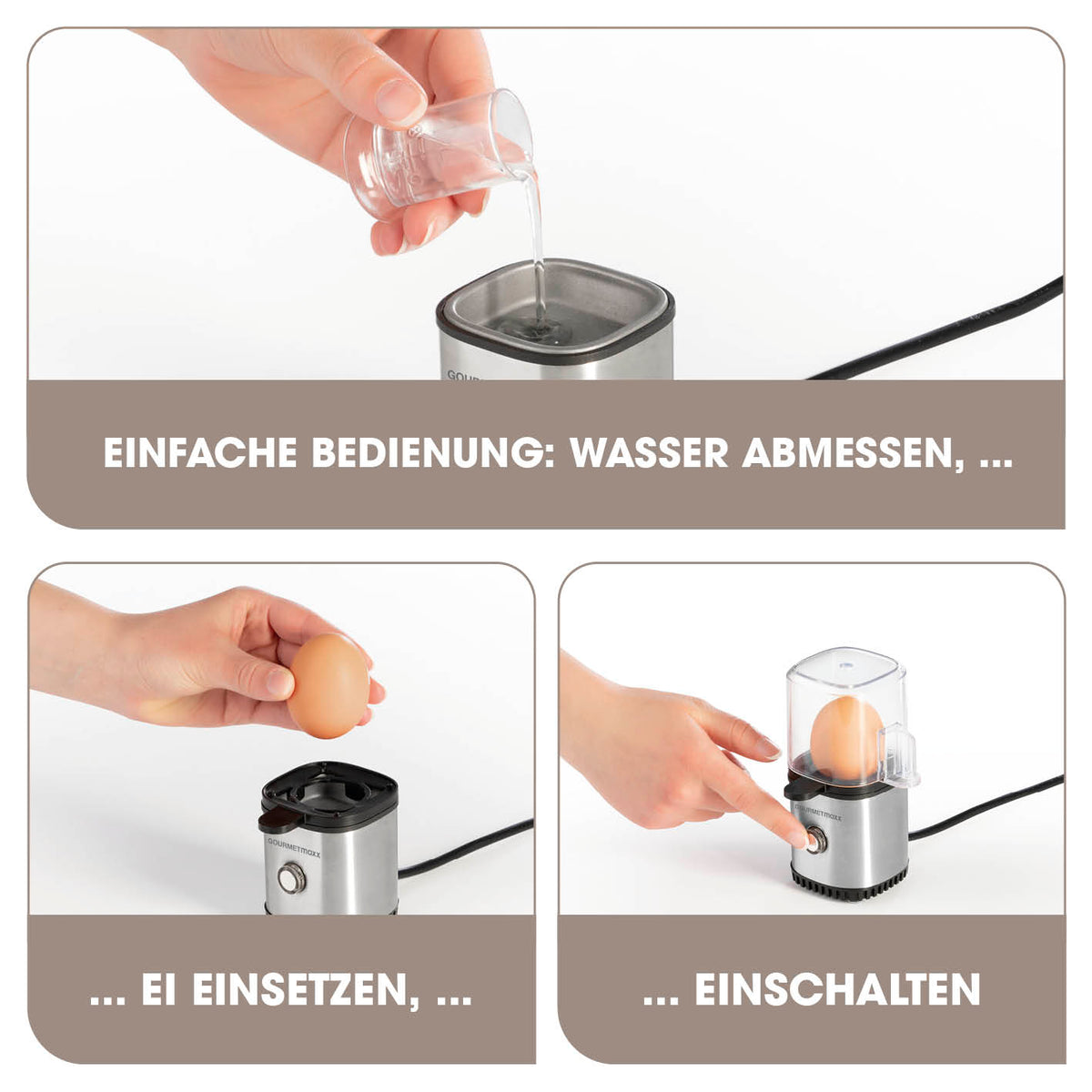 Design-Eierkocher 1 Ei - Edelstahl mit Wasser-Messbecher, integriertem Eierstecher und einfachem Einsetzen und Einschalten für perfektes Kochen.