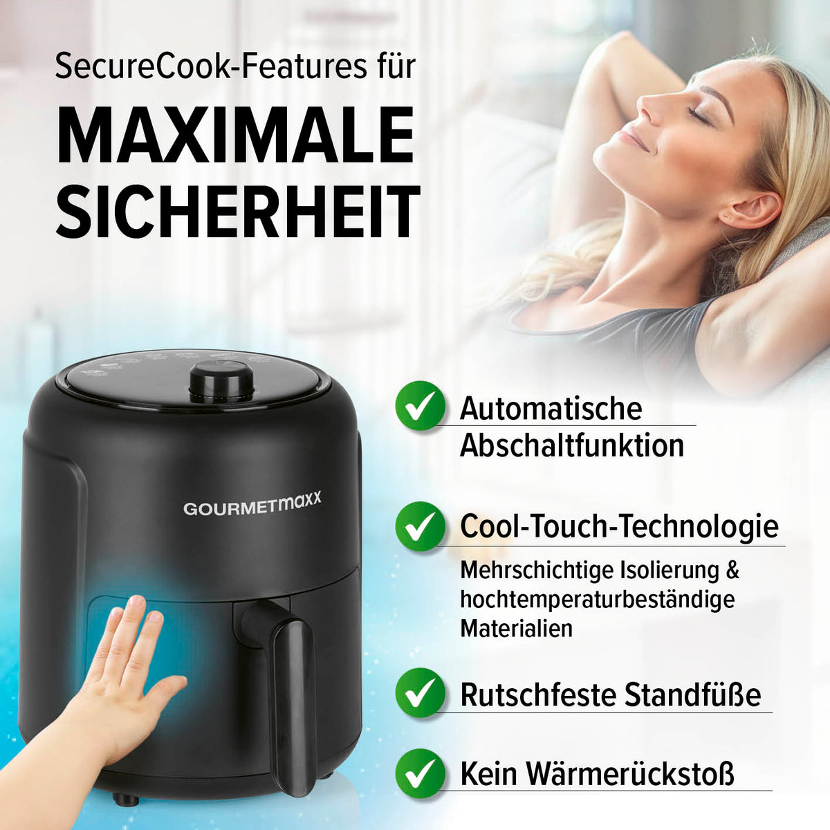 Heißluftfritteuse 2,3l mit SecureCook-Features wie Abschaltautomatik, Cool-Touch-Technologie und rutschfesten Standfüßen für maximale Sicherheit.