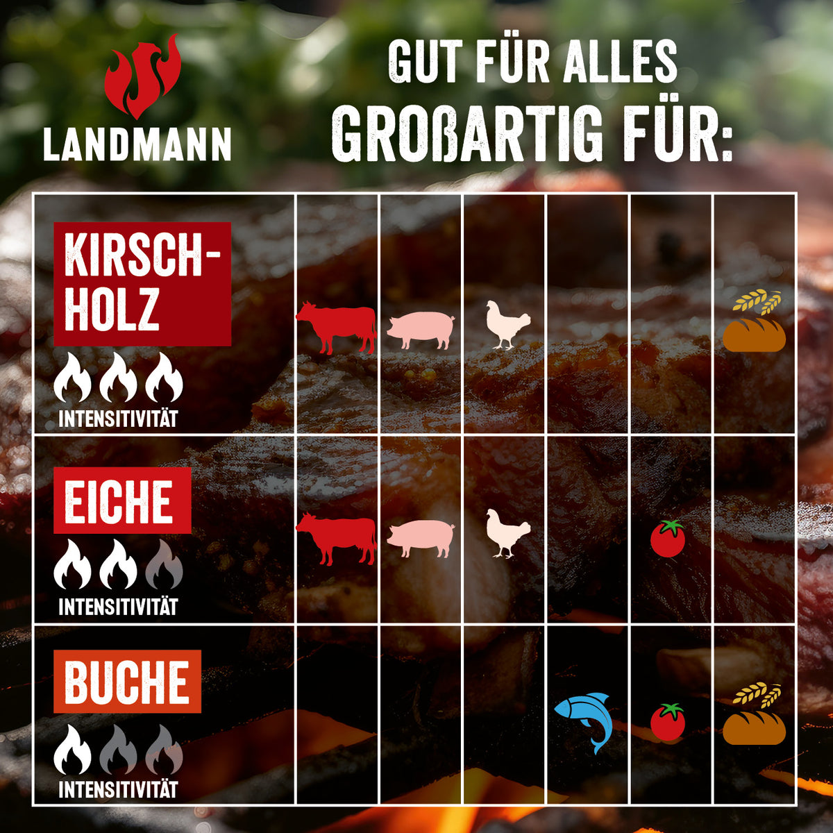 Infografik zur Verwendung von Grillpellets Kirschholz 10 kg mit Intensität und empfohlenen Grillgutarten wie Schwein, Rind und Geflügel.