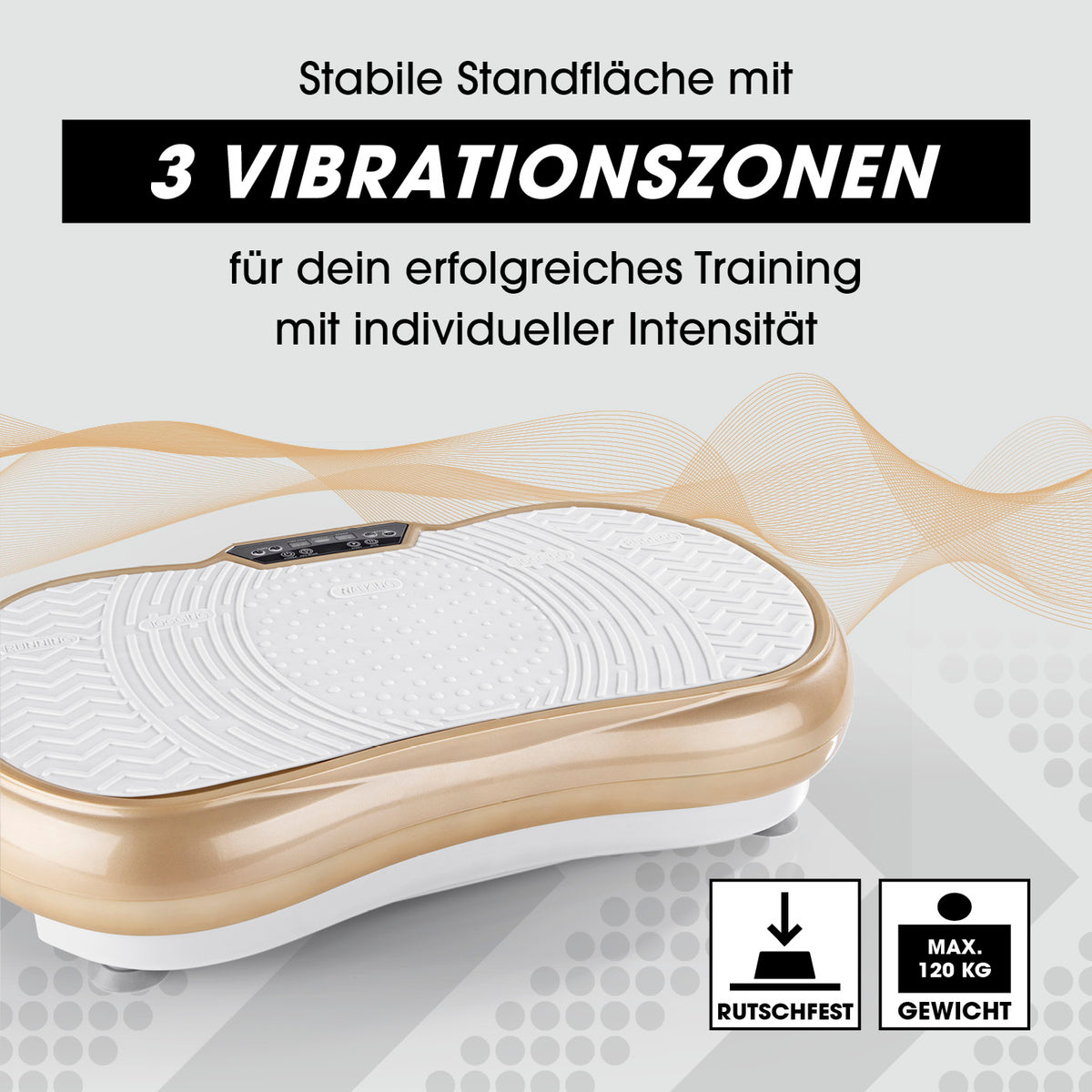 Vibrationstrainer mit Expanderbändern - weiß/champagner mit 3 Vibrationszonen und rutschfester Standfläche für effektives Ganzkörpertraining.