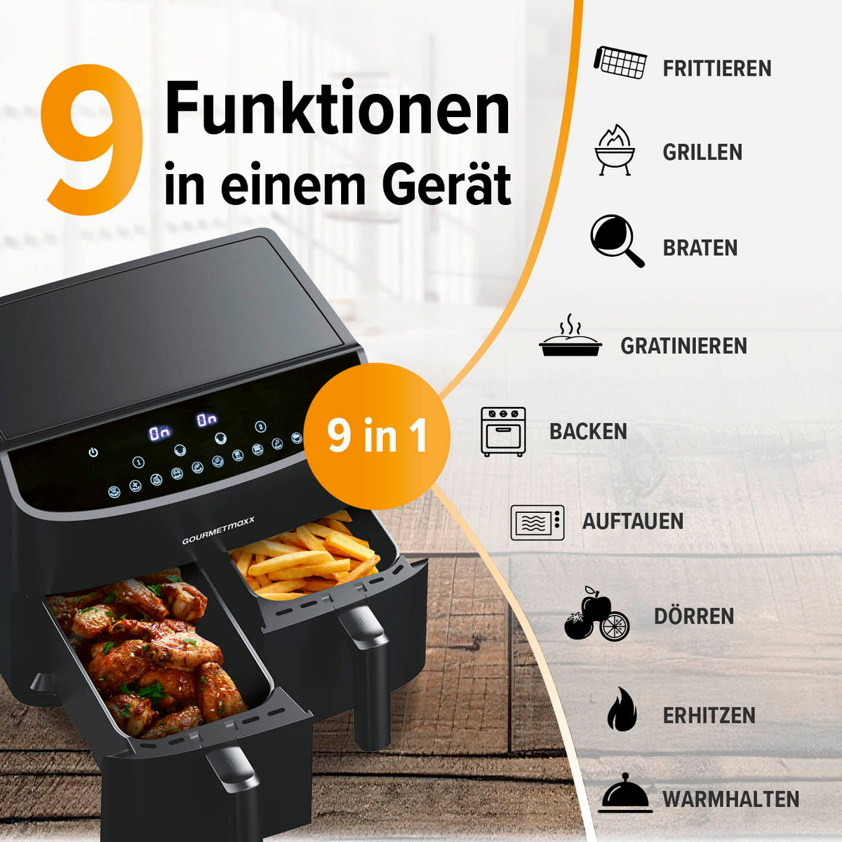 Doppelkammer-Heißluftfritteuse - 2 x 3,5 L mit 9 Funktionen für fettarmes Frittieren, Grillen, Braten, Backen, Dörren und mehr.