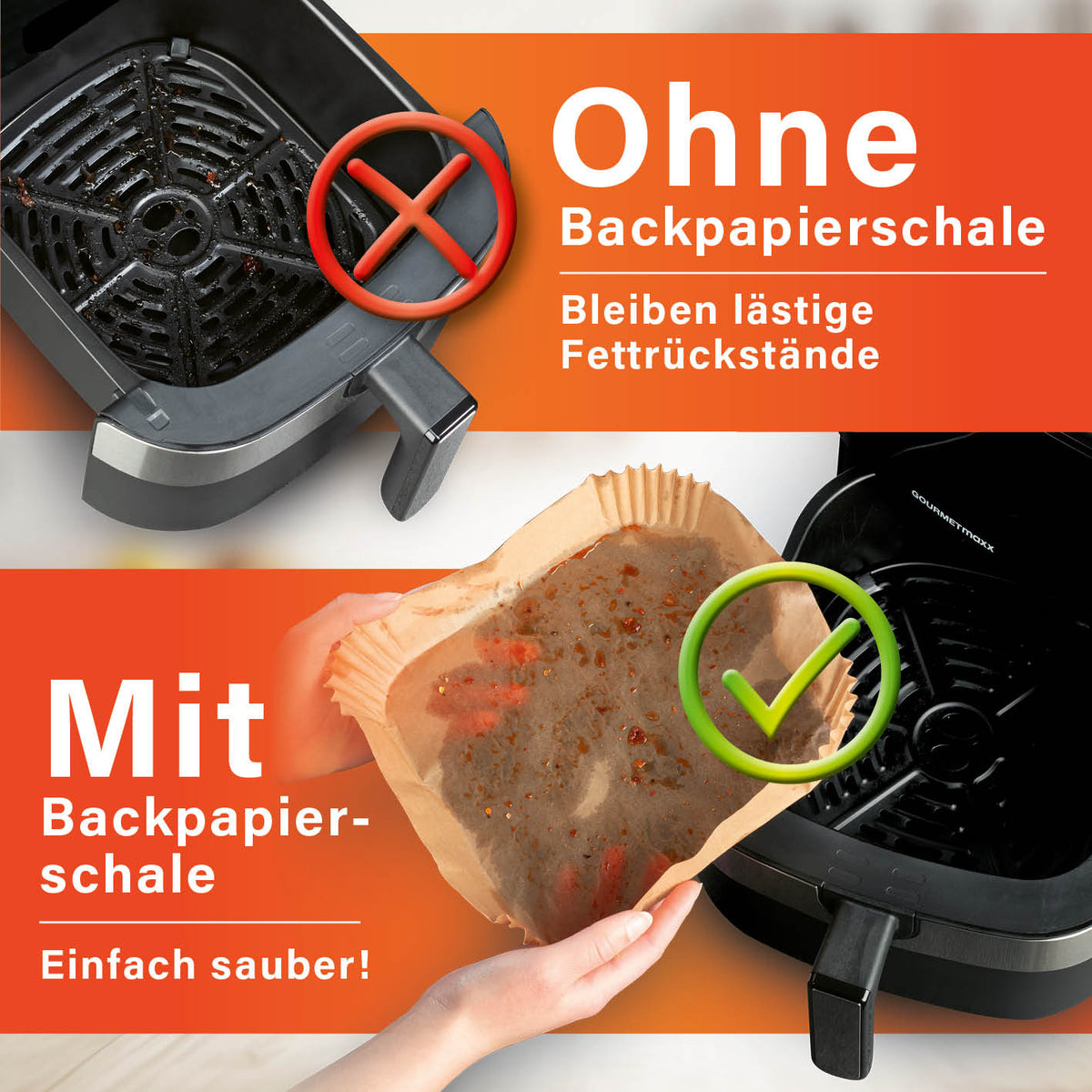 Backpapierschalen für Heißluftfritteusen (5–6 l) - 100 Stück zeigt saubere Nutzung ohne Fettrückstände dank Einlage.