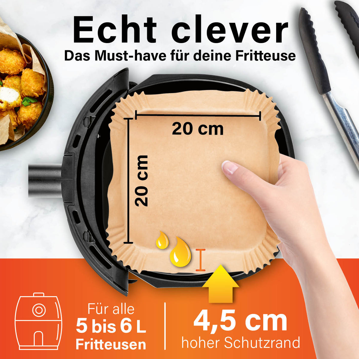 Backpapierschalen für Heißluftfritteusen (5–6 l) - 100 Stück mit 4,5 cm Rand, 20x20 cm, hitzebeständig und fettabweisend.