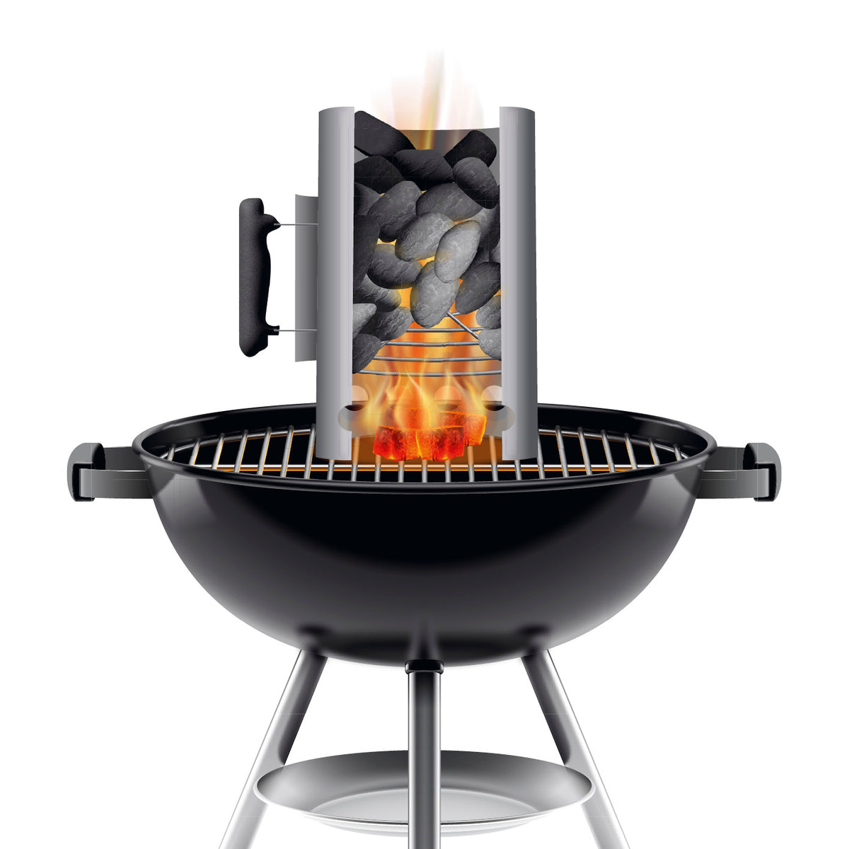 Anzündkamin - 27 x 16,5 cm - Edelstahl/schwarz mit Sicherheitsgriff, Kamineffekt für schnelles Durchglühen der Holzkohle auf Grill.