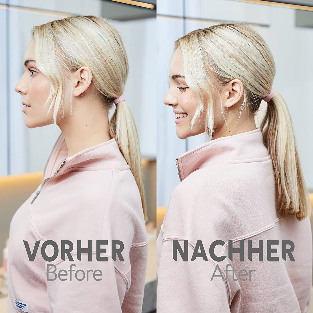 Seitenansicht von Frau mit glattem Haar im Pony vor und nach der Behandlung, Vorher-Nachher-Vergleich.