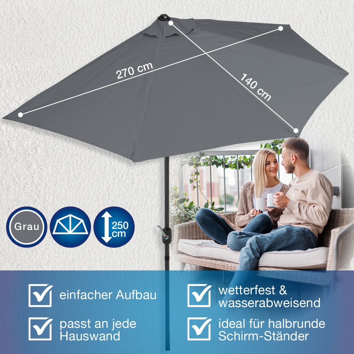 EASYmaxx Sonnenschirm - halbrund, grau, 270x140 cm, platzsparend, wetterfest, UV-Schutz 40+, direkt an der Wand platzierbar.