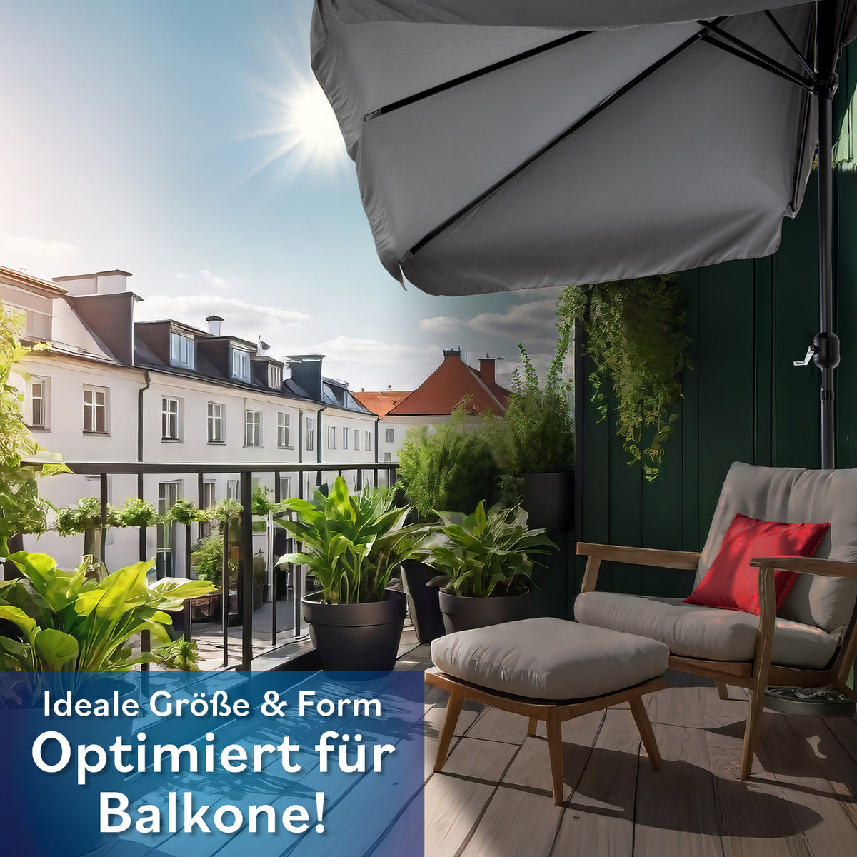 EASYmaxx Sonnenschirm - rechteckig, grau, platzsparend für kleine Balkone, mit UV-Schutz 40+ und praktischem Handkurbelverschluss.