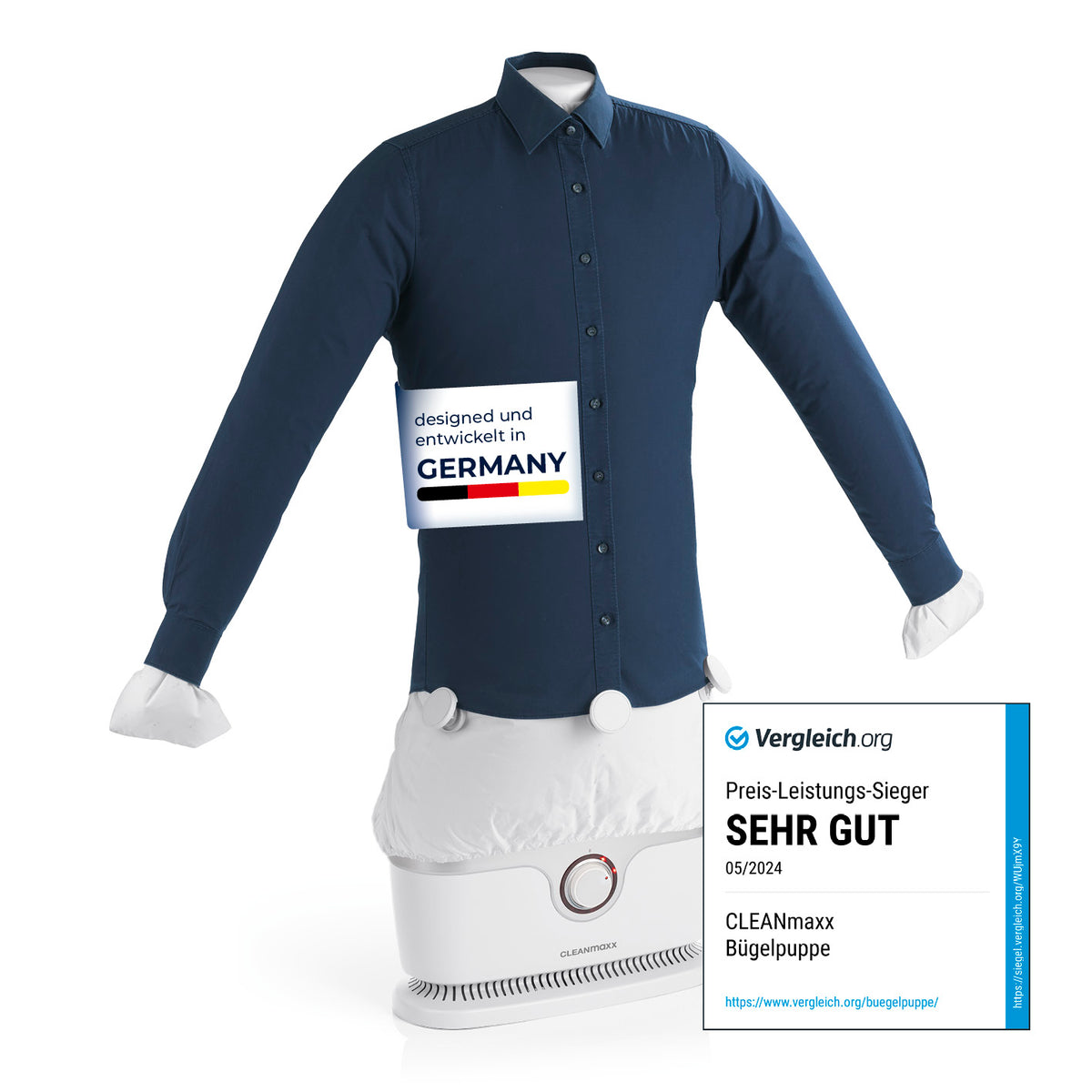 Hemdenbügler PRO - Silber/Weiß mit Bügelpuppe, leistungsstark und automatisch für faltenfreie Hemden in kurzer Zeit.