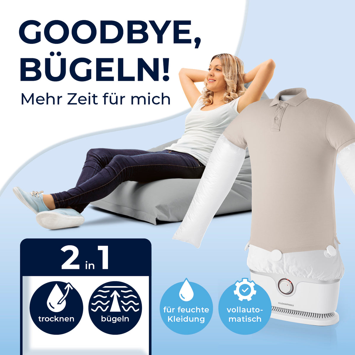 Hemdenbügler PRO - Silber/Weiß zeigt automatisches Trocknen und Bügeln feuchter Kleidung für zeitsparende Faltenfreiheit.