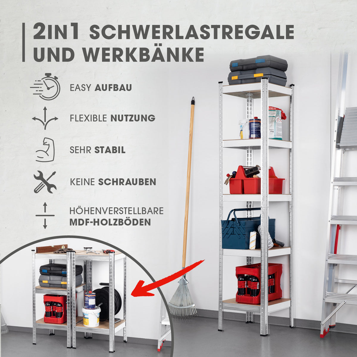 Schwerlastregal & Werkbank - 180 x 40 x 40 cm - 875 kg Traglast, 175 kg pro Ebene, flexibel nutzbar, stabile Metallkonstruktion, leicht montierbar
