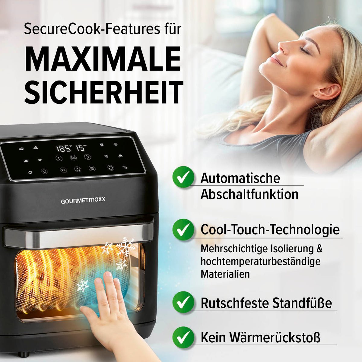 Digitale Heißluftfritteuse - 12 l mit automatischer Abschaltfunktion und Cool-Touch-Technologie für maximale Sicherheit beim Frittieren.