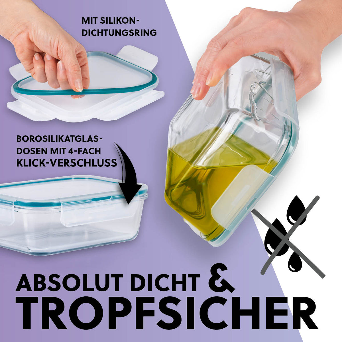 Frischhaltedosen Klick-it, 6-tlg., Mint – luftdichte Borosilikatglasdosen mit Silikondichtungsring und Klick-Verschluss, tropfsicher und robust.
