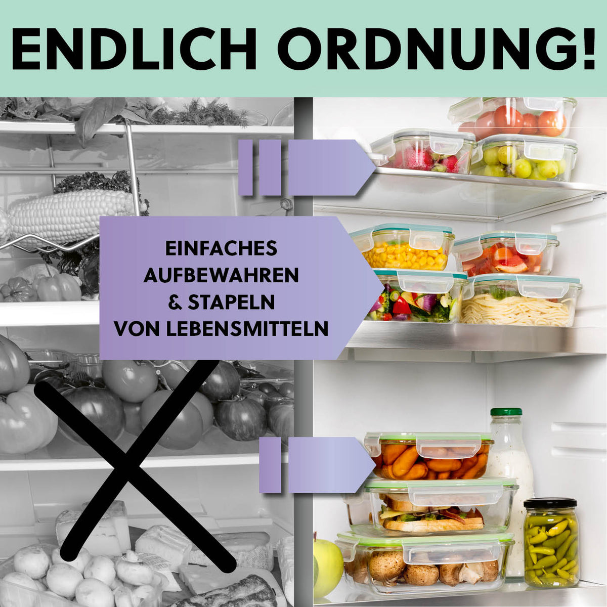 Frischhaltedosen Klick-it, 6-tlg., Mint – luftdichte Glasdosen zum einfachen Aufbewahren und Stapeln von Lebensmitteln im Kühlschrank.