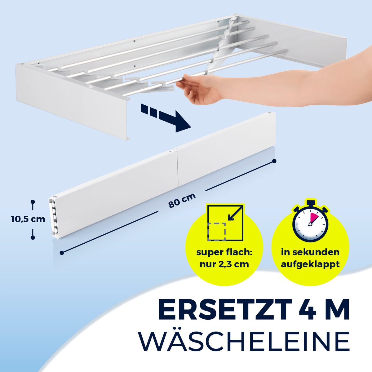 Wandwäschetrockner 400, platzsparend, klappbar, 80 cm breit, 2,3 cm flach, schnell montiert, ideal für kleine Räume und Innen- oder Außenbereich.