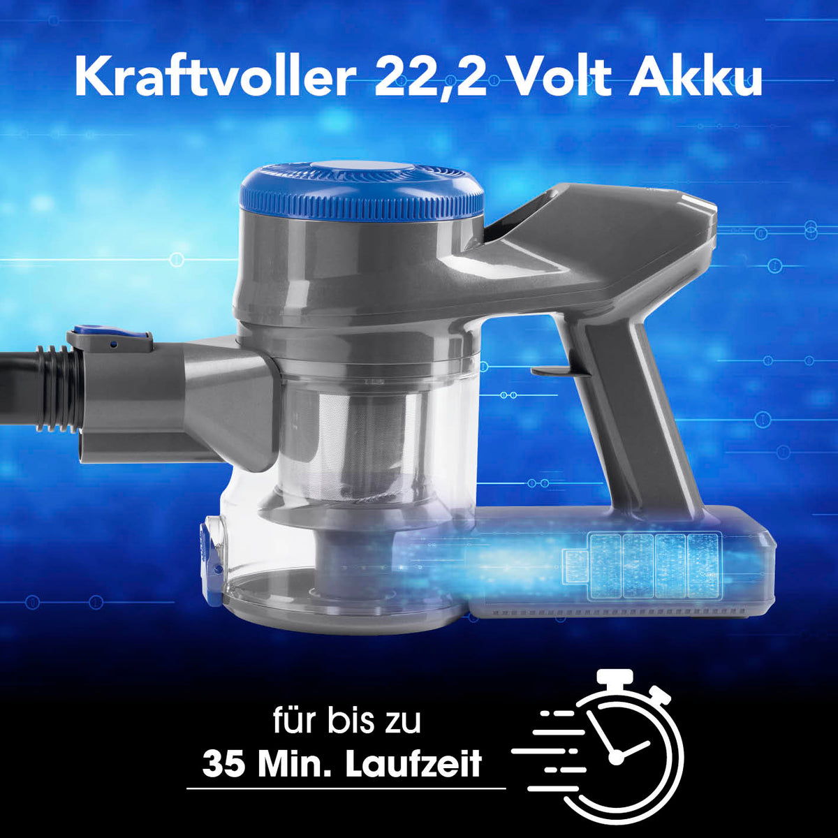 Akku-Hand- & Bodenstaubsauger - anthrazit/blau mit 22,2 Volt Akku und bis zu 35 Min. Laufzeit für kabelloses Saugen.