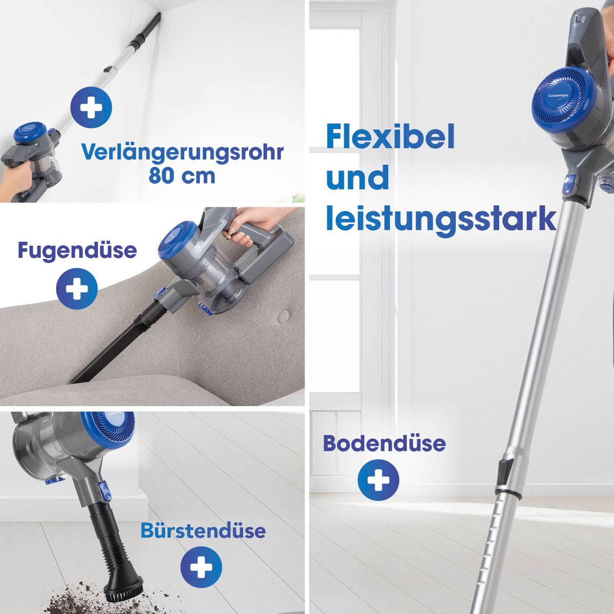 Akku-Hand- & Bodenstaubsauger anthrazit/blau mit Verlängerungsrohr, Fugendüse, Bürstendüse und Bodendüse, flexibel und leistungsstark.