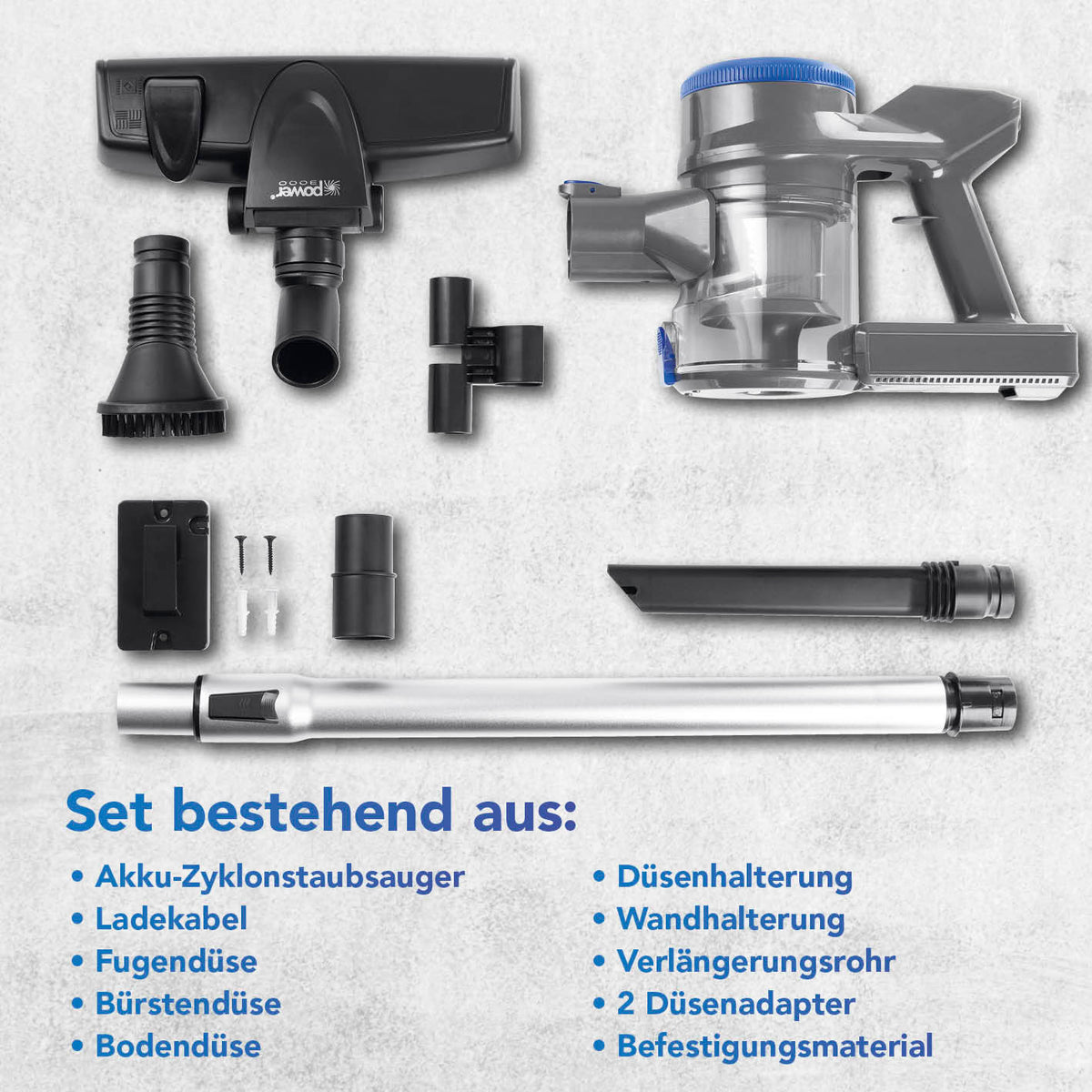Akku-Hand- & Bodenstaubsauger - anthrazit/blau mit vielseitigem Zubehör für gründliche Reinigung und einfache Wandmontage.
