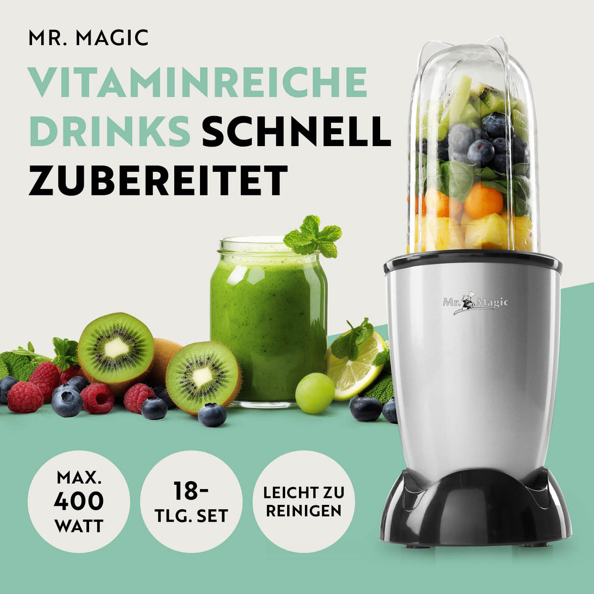 Mr. Magic Mixer - Silber/Schwarz mit 400 Watt, 18-teiligem Set, schnellem Pürieren und leichter Reinigung für vitaminreiche Drinks.