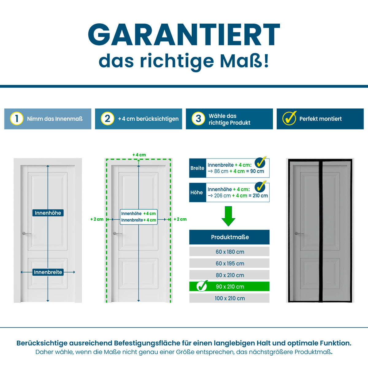Grafische Anleitung zur richtigen Messung für Insektenschutzvorhang - mit XXL-Magnetbändern - 100 x 210 cm zur optimalen Passform und Montage.