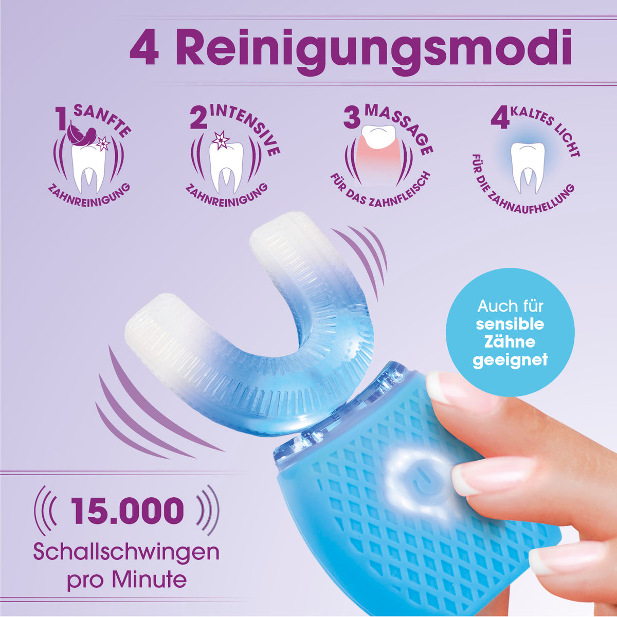Infografik zur 360° Schall-Zahnbürste mit LED-Blaulicht & Vibration mit 4 Reinigungsmodi und 15.000 Schallschwingungen pro Minute